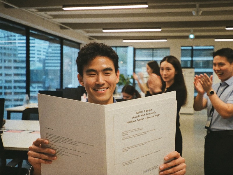 Advisor celebrating the signed case with teammates