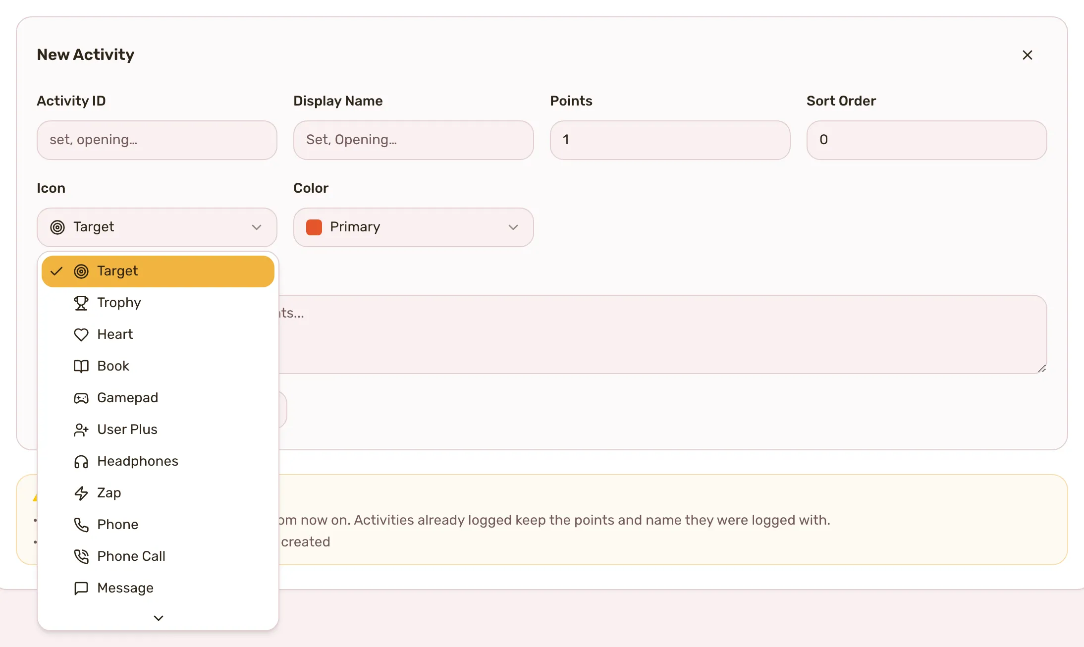 The New Activity form with the Icon dropdown open. Opening the form and the dropdown writes nothing.