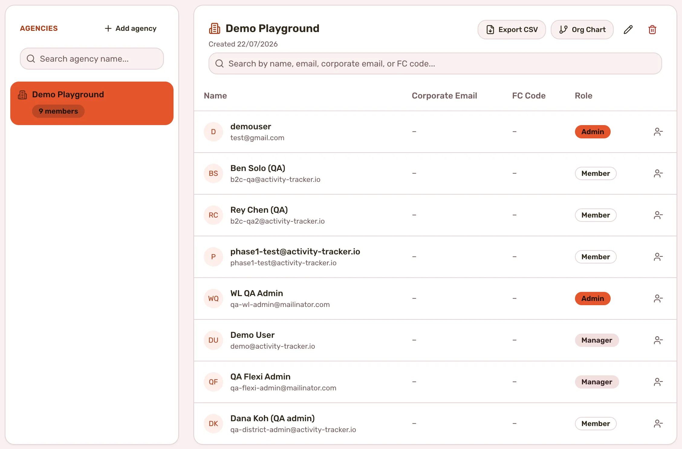 The Agencies tab with Demo Playground selected in the list on the left and its member table on the right. One member row is not on the QA roster and is hidden.