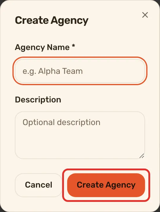 The Create Agency dialog as it opens, with the Create Agency button outlined.