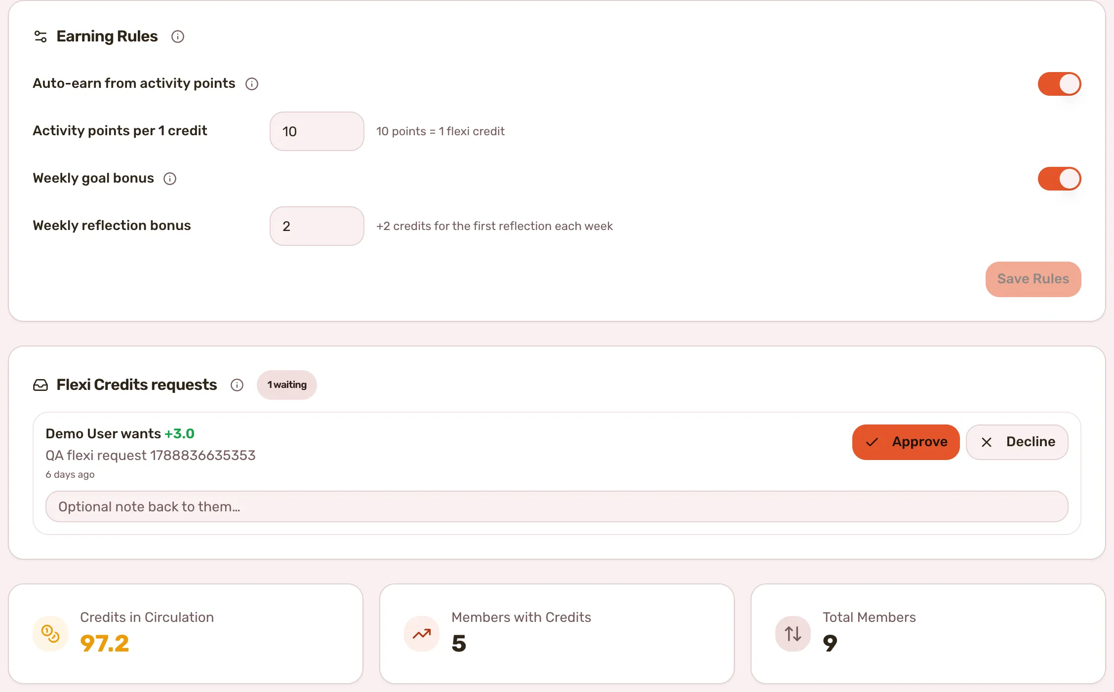 The Flexi Credits tab: Earning Rules, the request queue with one QA request waiting, and the three balance tiles. The Recently settled history under the queue is hidden so all three fit one frame.