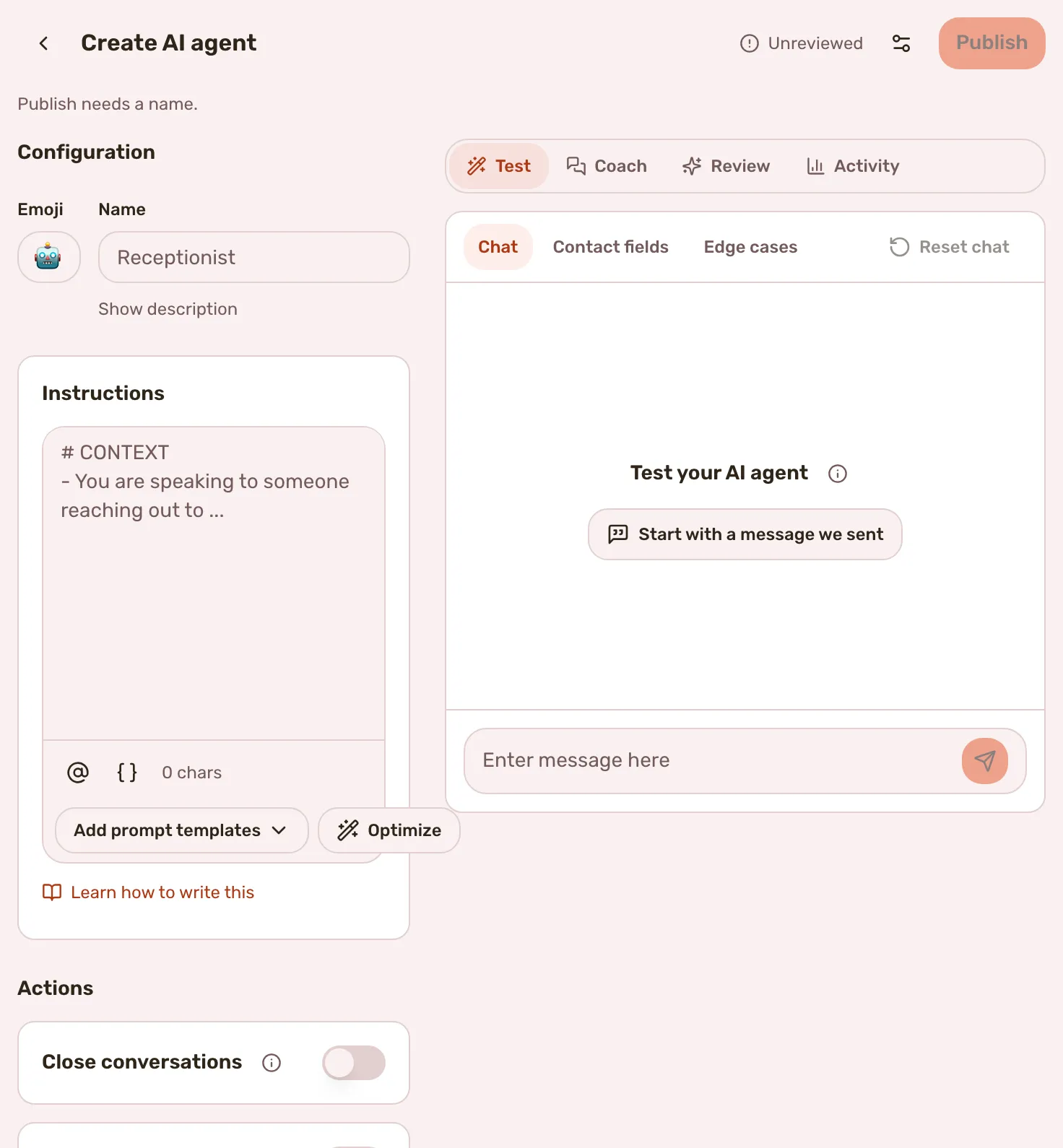 The AI agent editor, with the name and instructions on the left, the test chat on the right and Publish at the top.