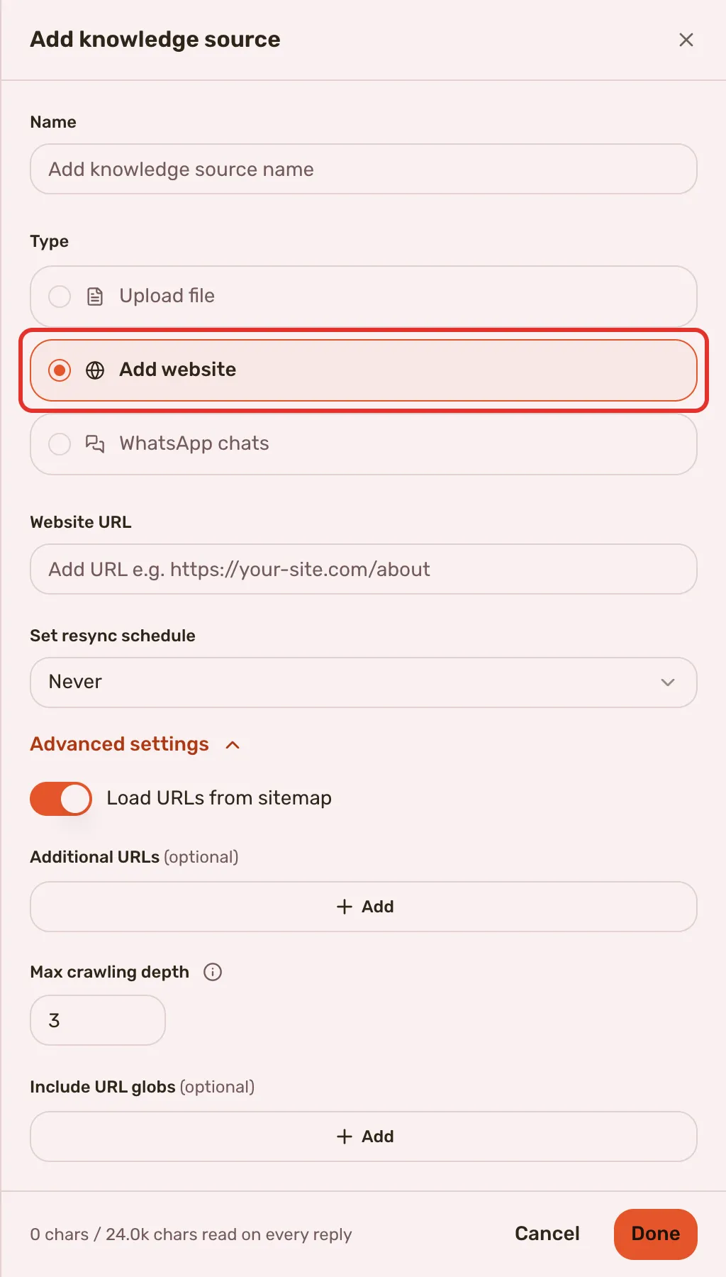 The Add knowledge source drawer set to Add website, with Website URL, the resync schedule and Advanced settings open.