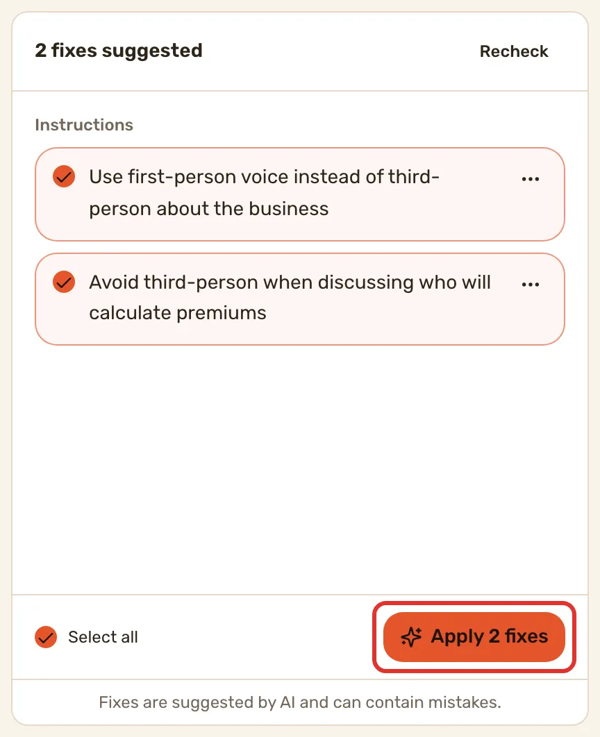 The Review pane with 2 fixes suggested, both ticked, and Apply 2 fixes outlined at the foot.