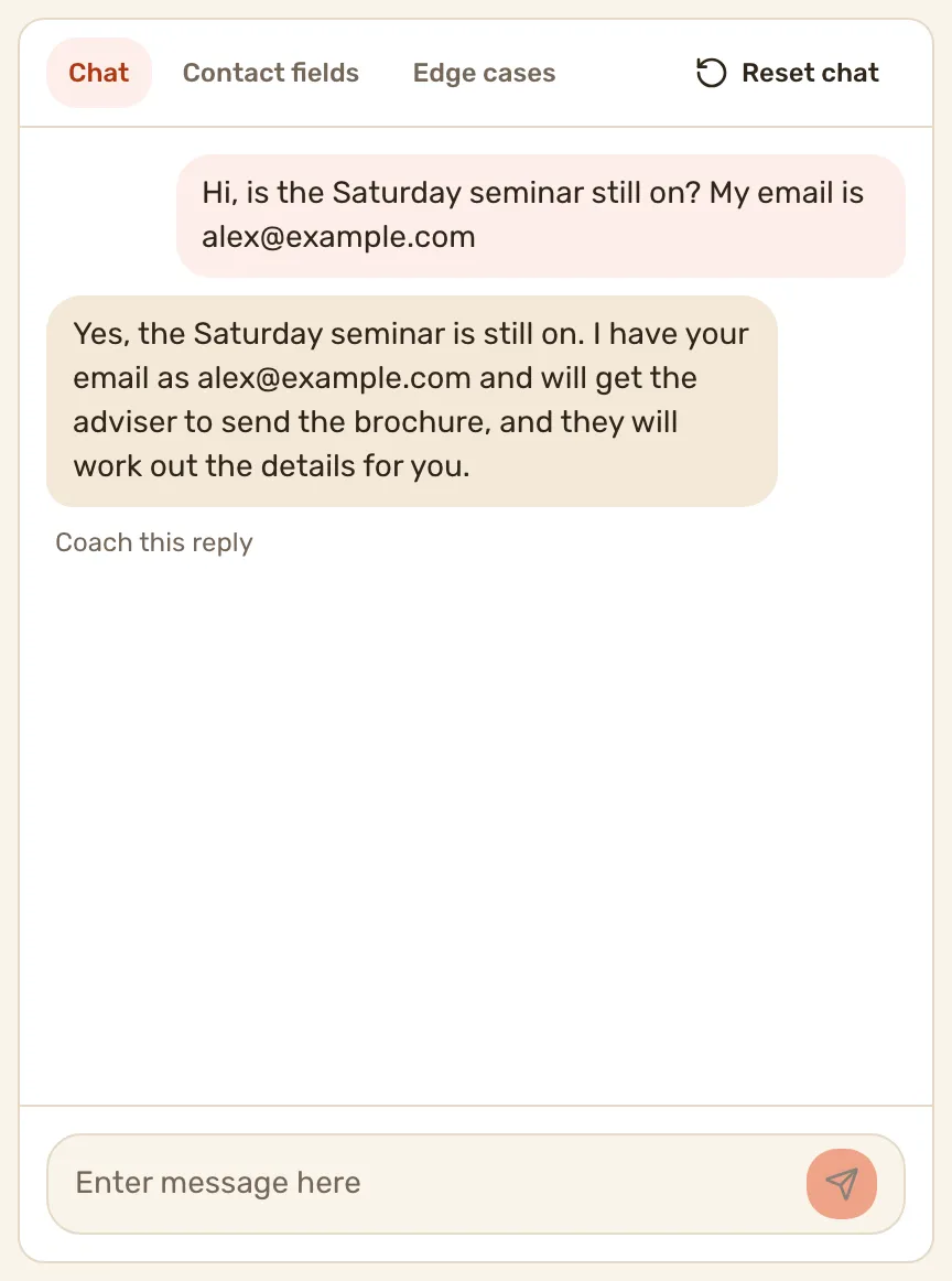The Test pane mid-conversation: the customer's line on the right, the agent's reply on the left and Coach this reply under it.