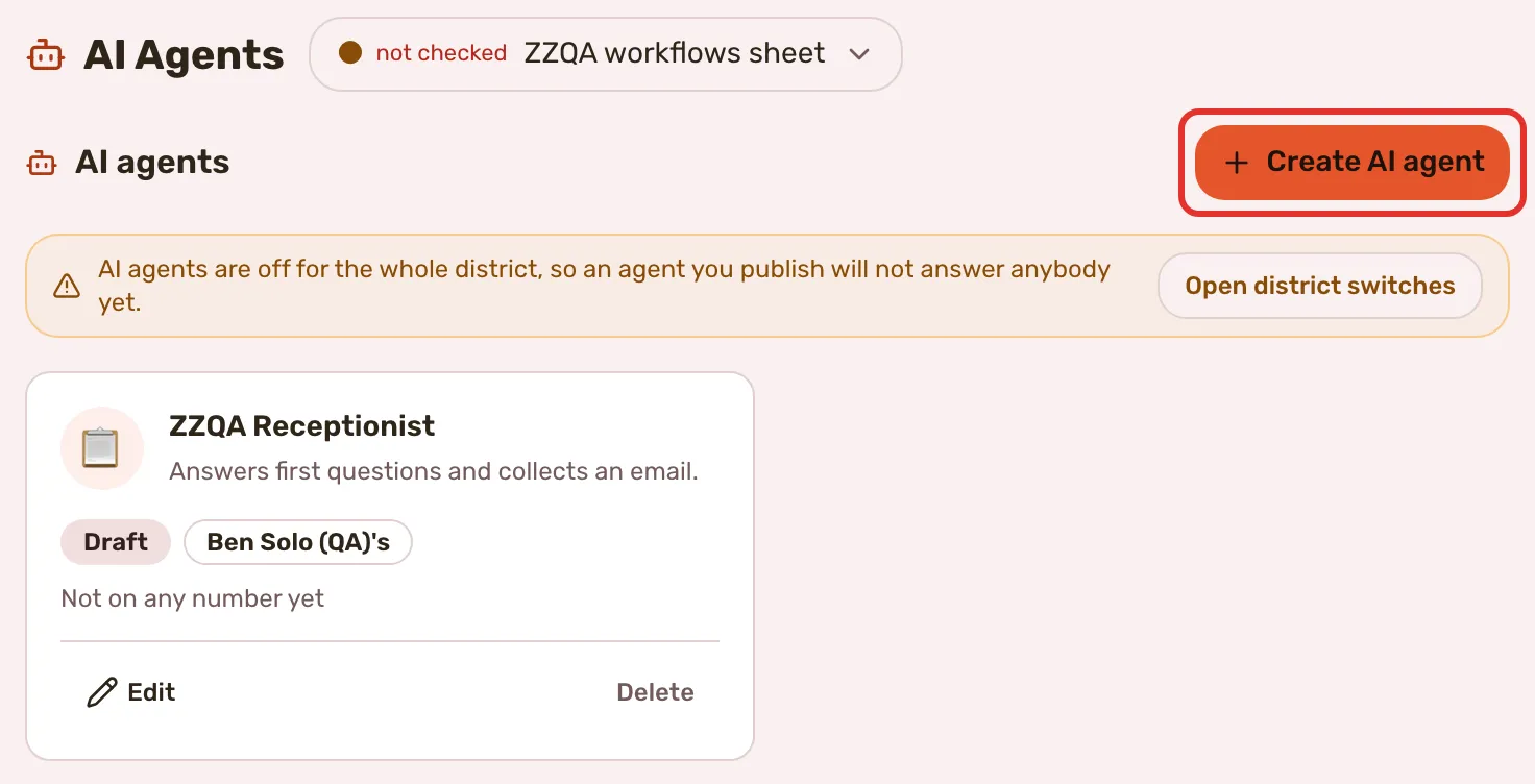 The AI Agents tab with Create AI agent outlined, the notice that agents are off for the district, and a draft agent card under it with Edit and Delete.