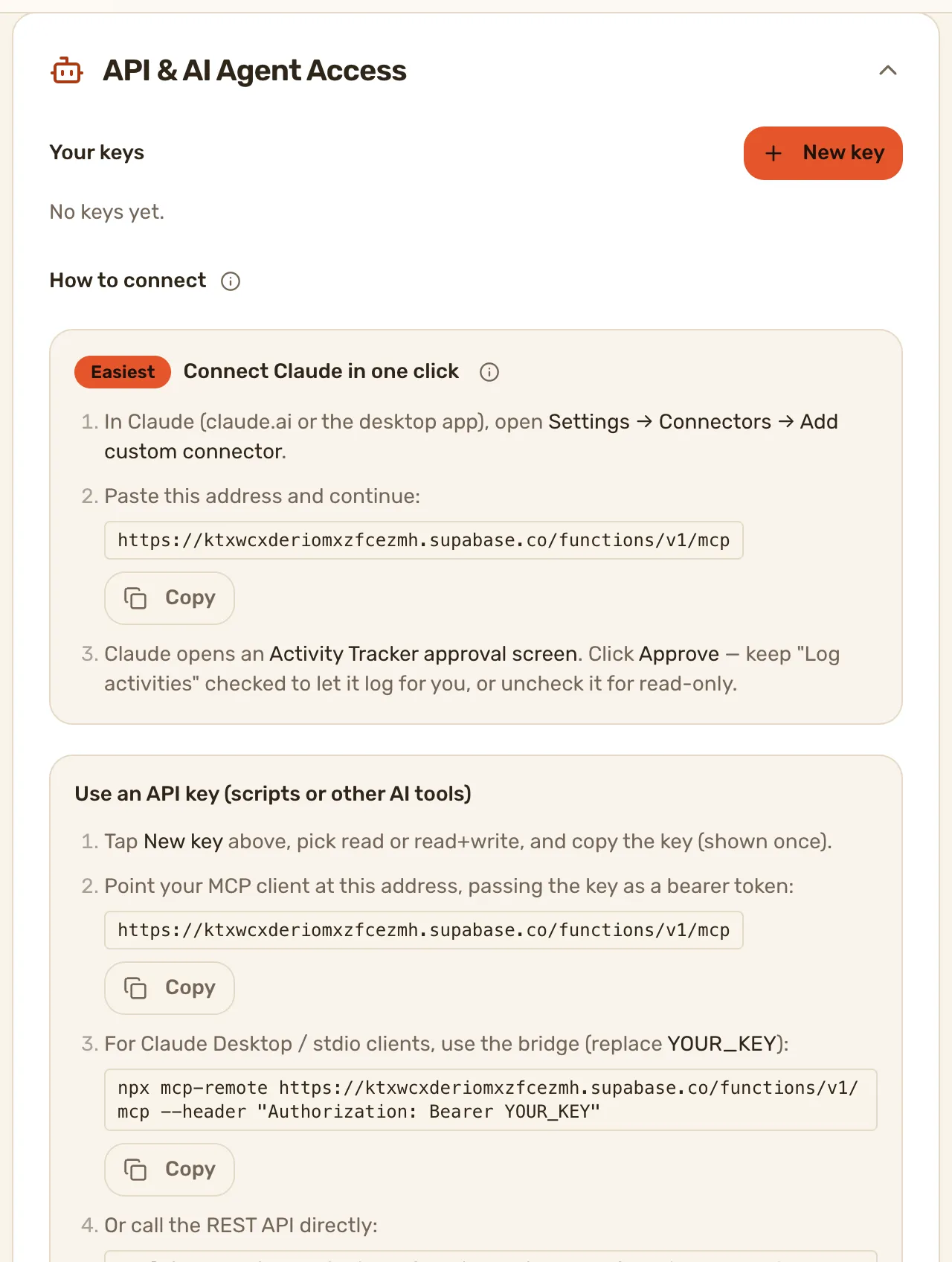 API & AI Agent Access unfolded: Your keys with New key, then How to connect with the one-click Claude steps and the API key steps. The QA account has no keys, so the list reads No keys yet.