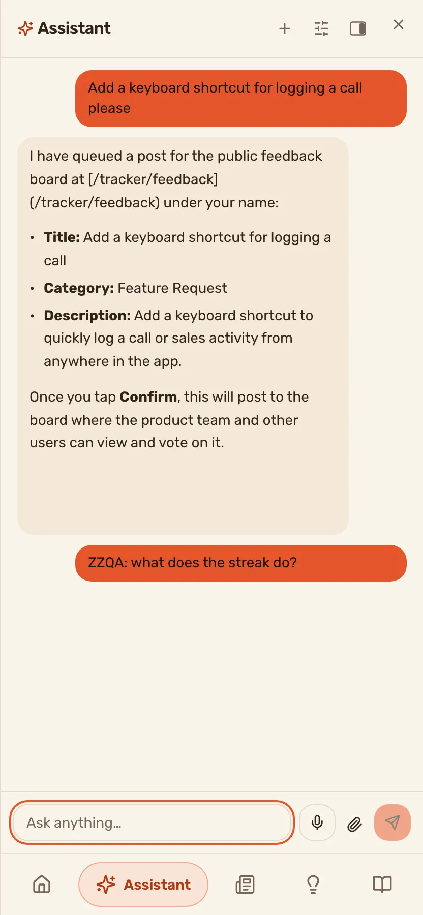 The panel open down the right of the app on its Assistant tab, with the ask box at the bottom.