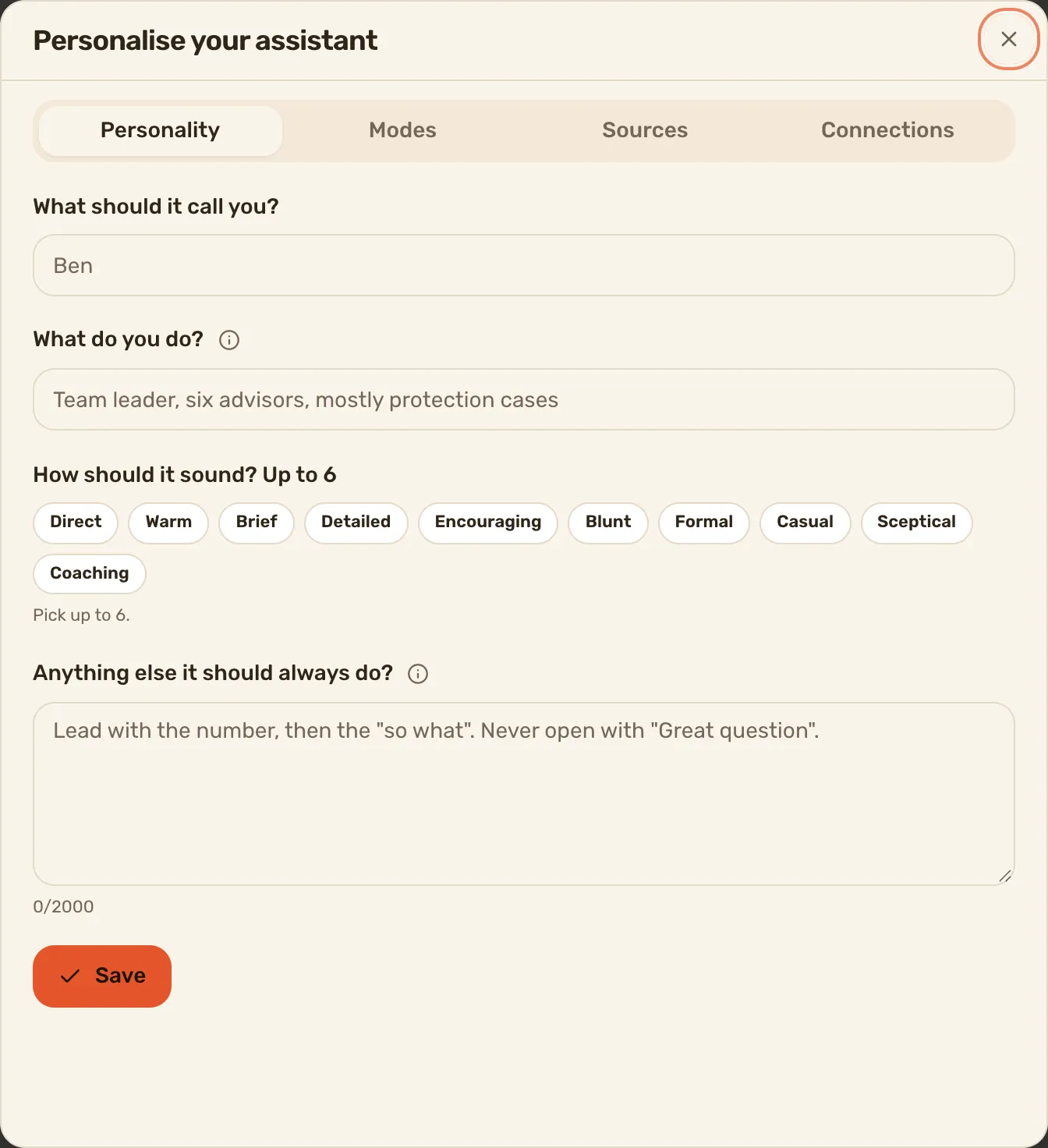 Personalise your assistant open on Personality: what it calls you, what you do, the tone chips and the always-do box. The name field ships a real first name as its example, so the shot swaps it for a QA one.