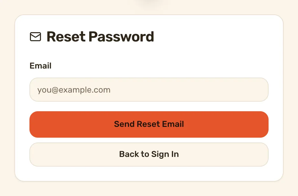 The Reset Password card on the sign-in screen, signed out, with Send Reset Email. Opening the card sends nothing.