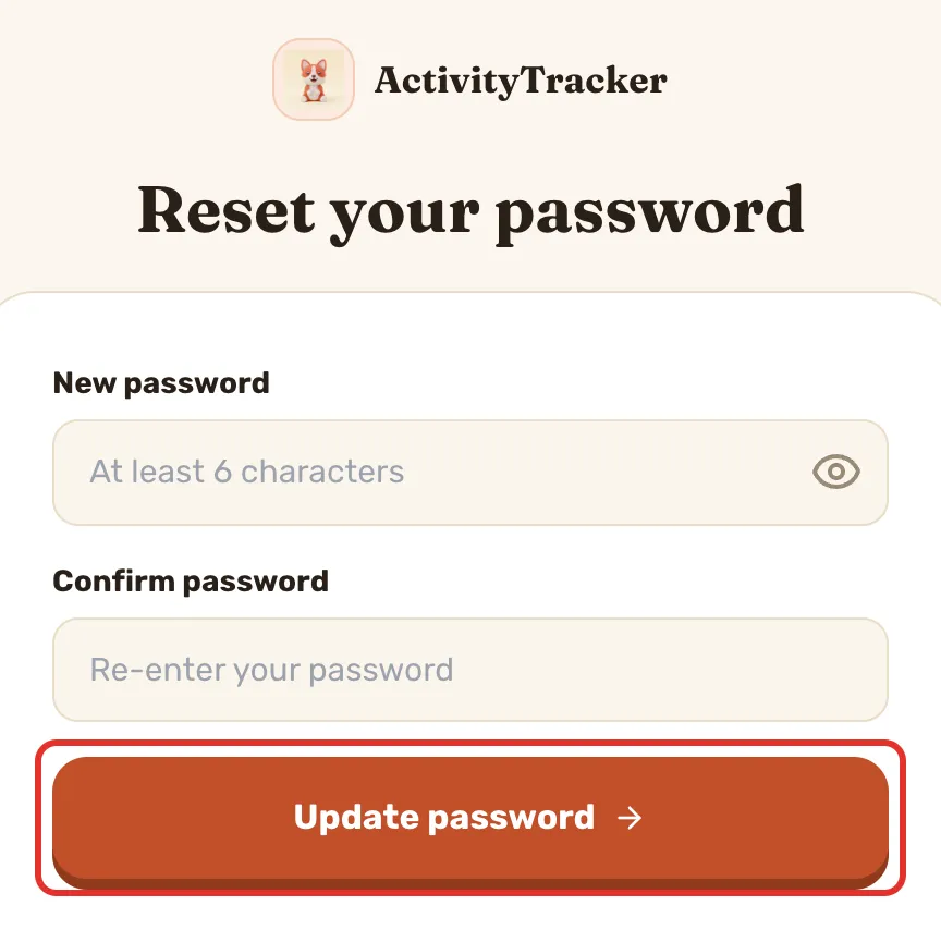 Reset your password, signed out. The page draws its form for any address carrying type=recovery, which is what the emailed link adds, so no reset email is sent to reach it.
