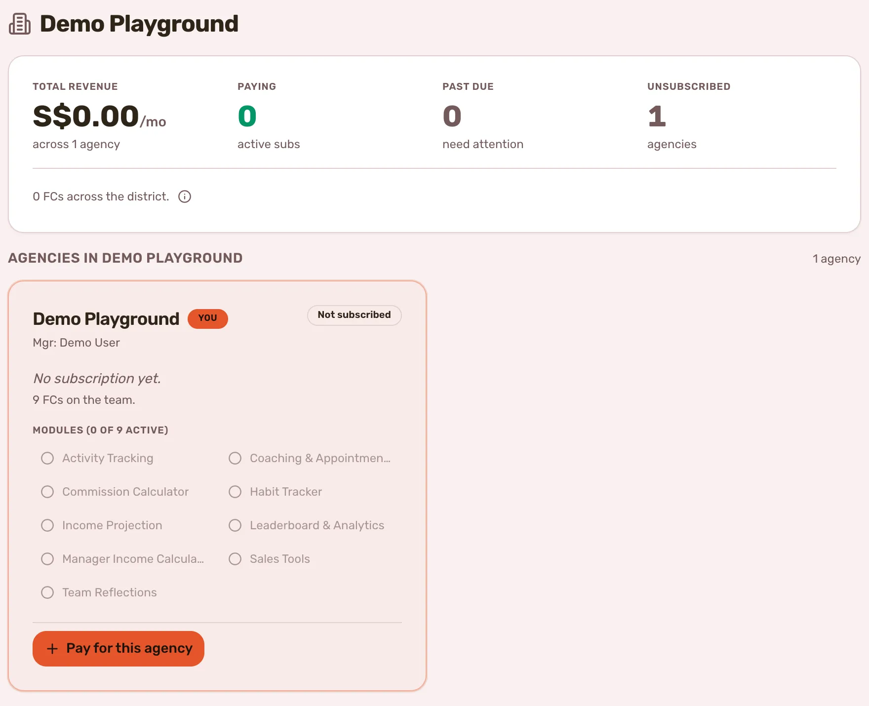 The district view of Billing: Total Revenue, Paying, Past Due and Unsubscribed, then the Demo Playground agency card with its Modules checklist and Pay for this agency.