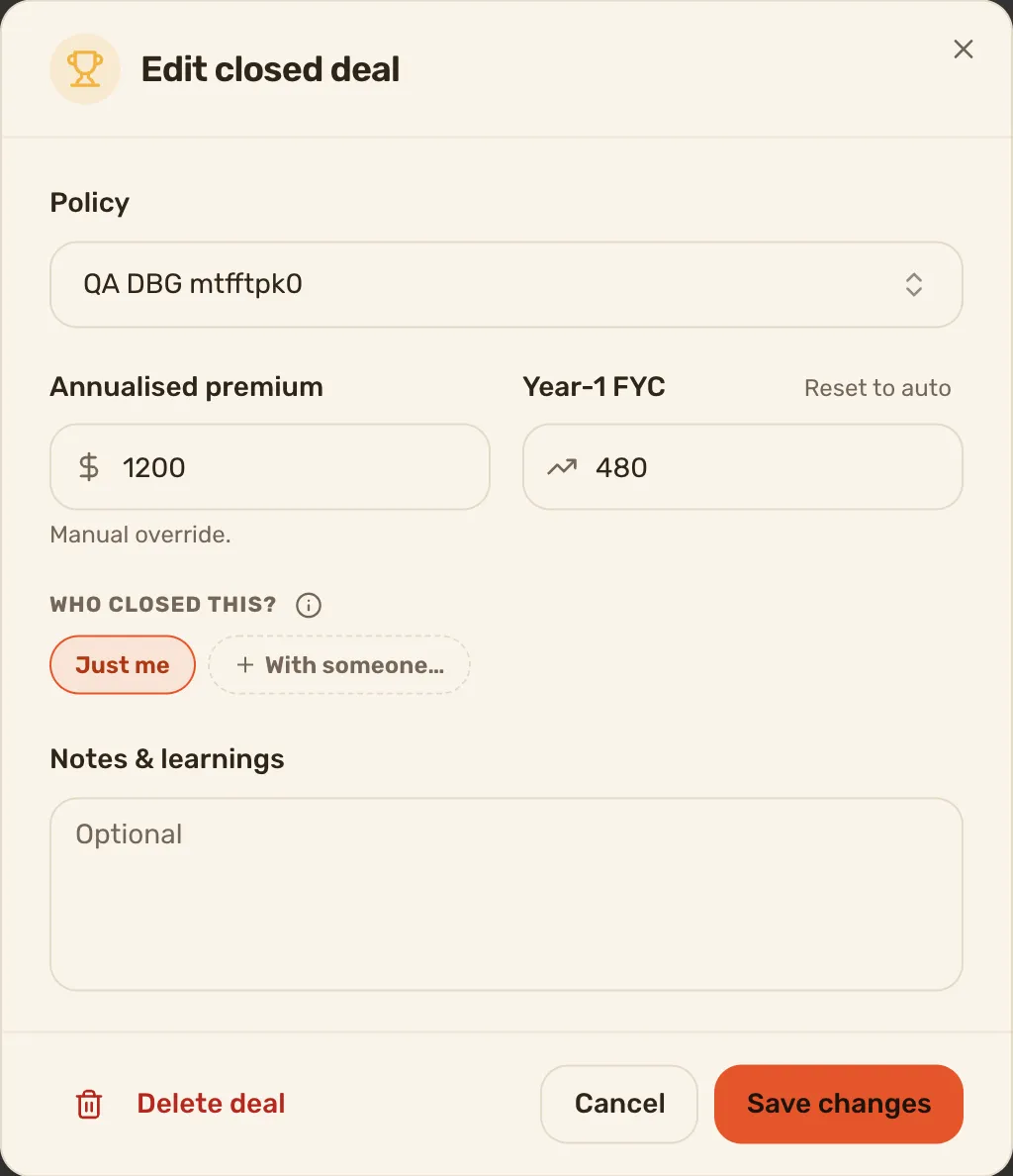 The Edit closed deal dialog showing the policy, the premium, the FYC, who closed it and Delete deal.