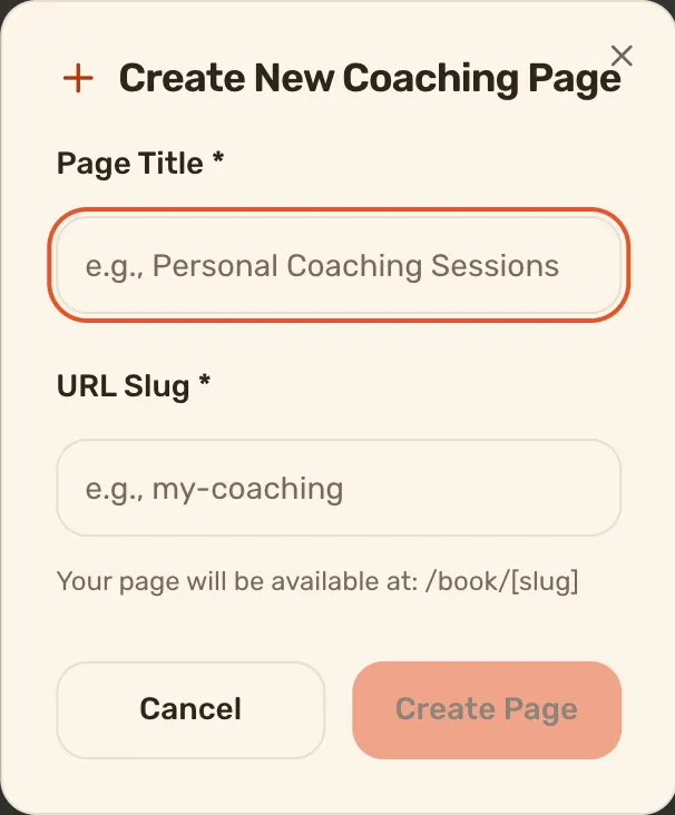 The Create New Coaching Page dialog, with the Page Title and URL Slug fields and the address the slug builds.