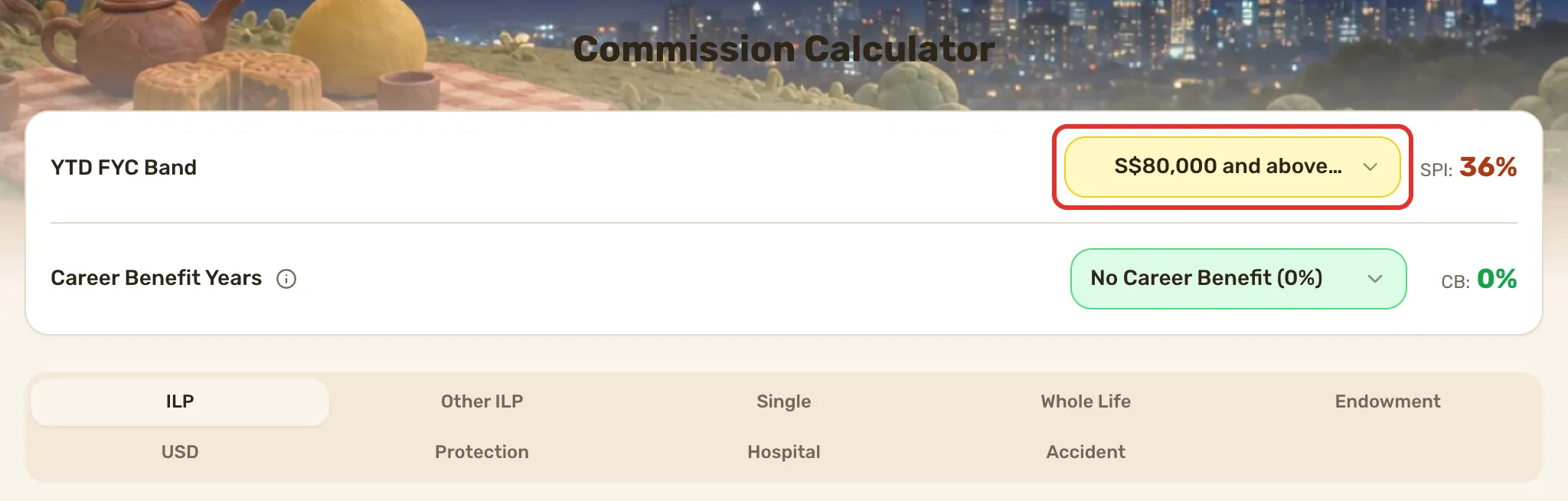 The top of the Commission Calculator with YTD FYC Band outlined, Career Benefit Years under it, and the product tabs below.