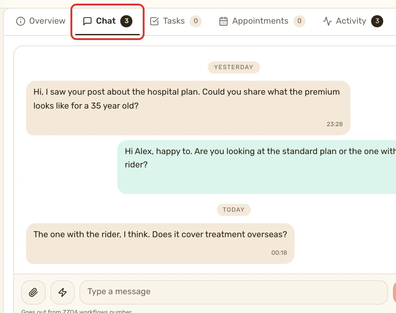 The Chat tab on a contact's record, outlined, with the thread above the message box.