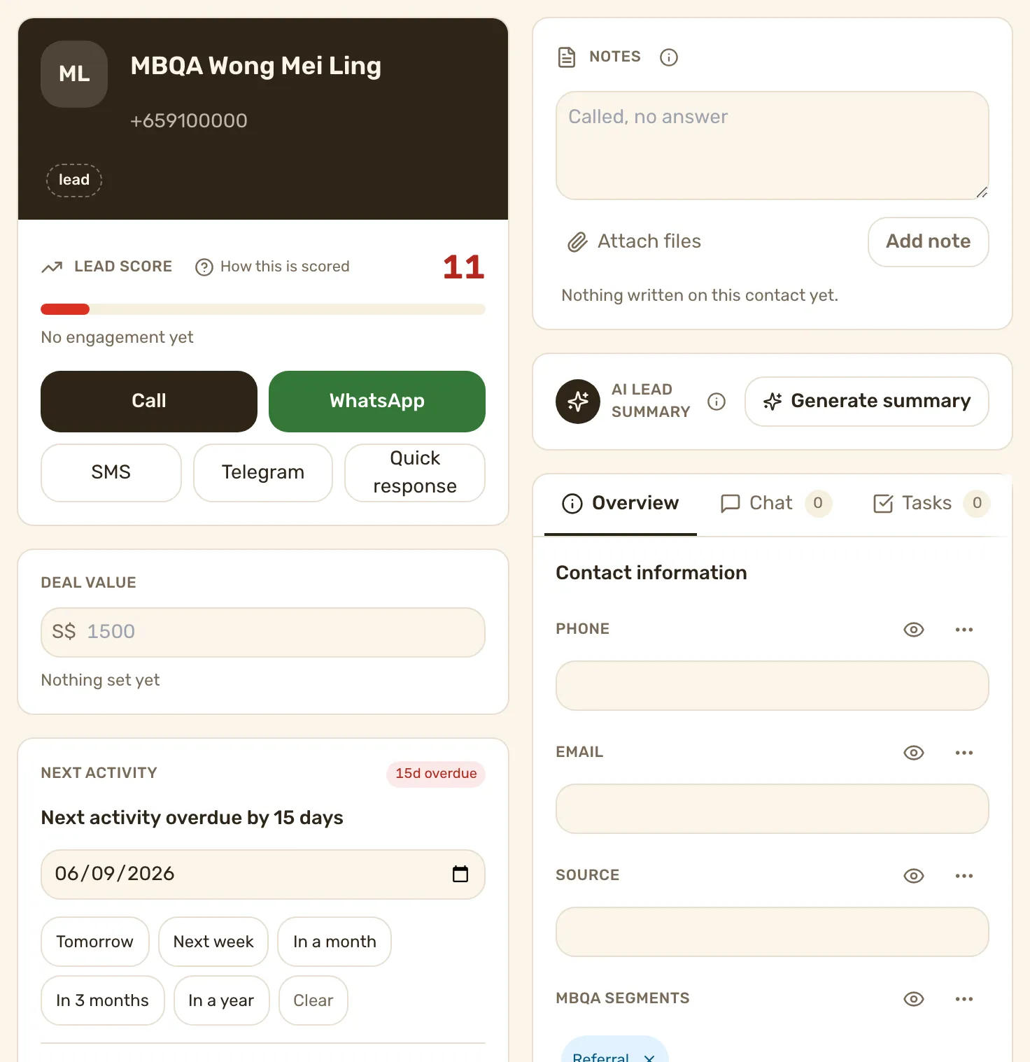A contact record, with the identity card and lead score on the left and the record tabs and contact information on the right.