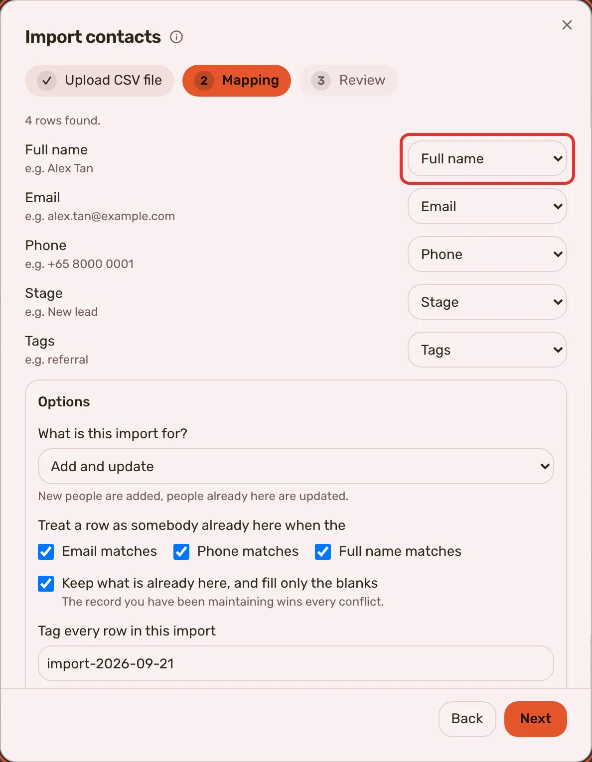 The Mapping step: a dropdown beside each column name, the first outlined, with the import options under them.