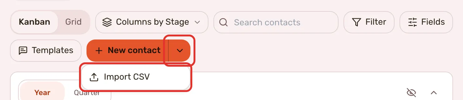 The New contact button with the chevron open on Import CSV, both outlined.