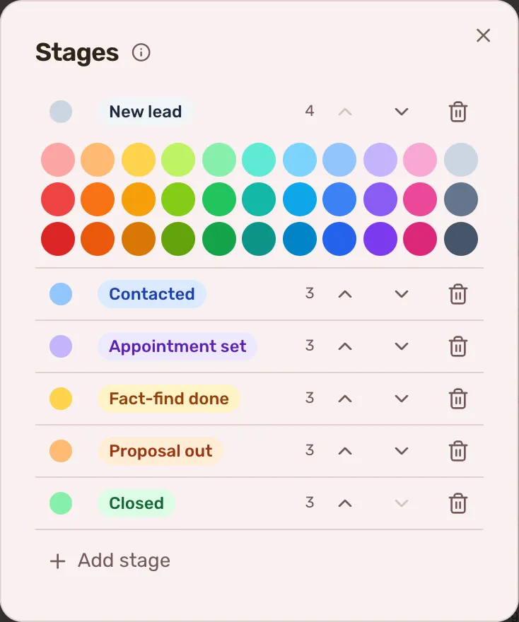 The Stages dialog opened from a Kanban column menu, with the colour palette open under New lead and Add stage at the foot. Opening a swatch row writes nothing; only picking a colour would.