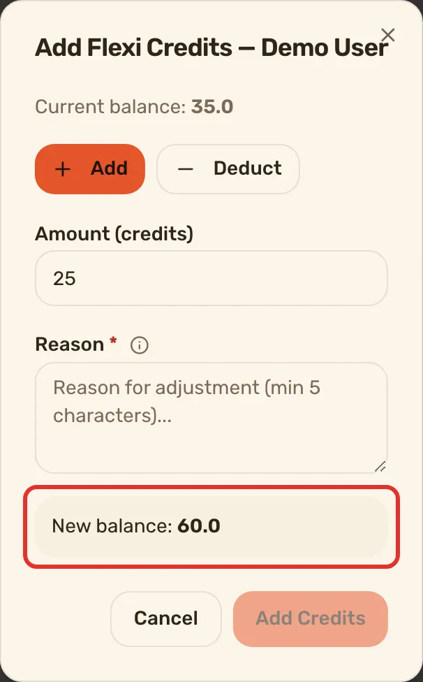 The adjust dialog with Add selected, 25 typed as the amount and the New balance line outlined under the reason box.