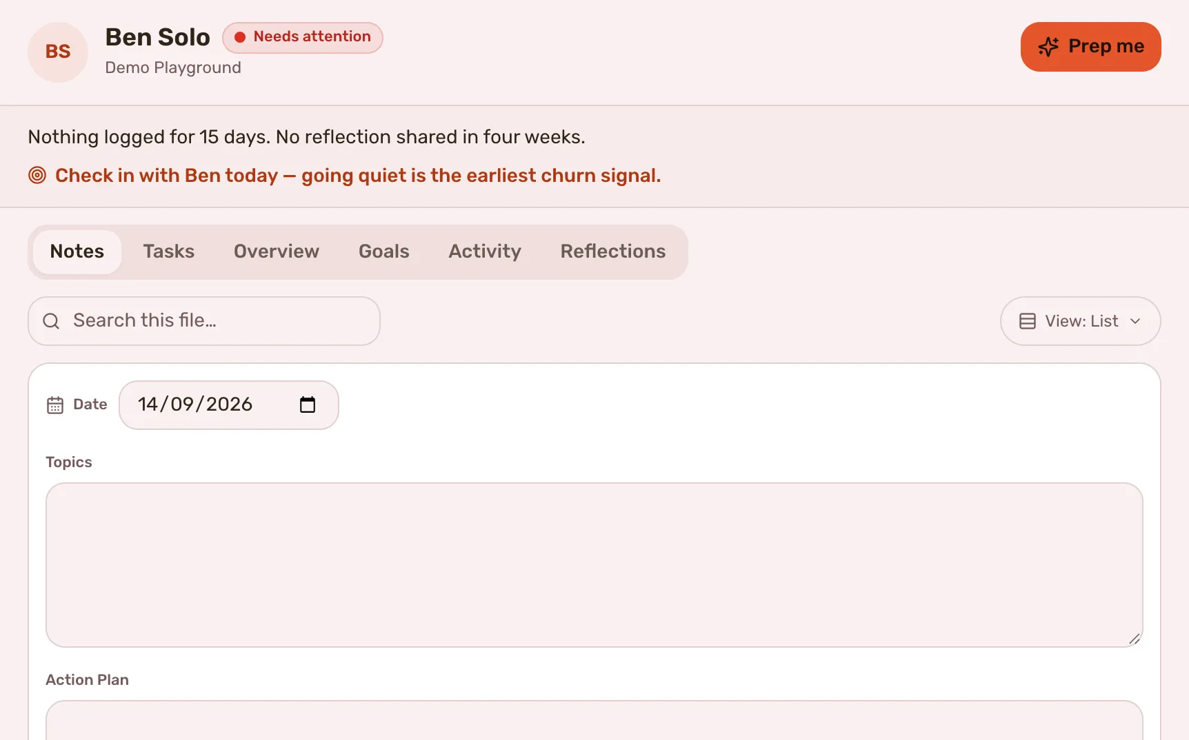 The New entry form open in the coaching file, with the Date field above Topics and Action Plan.