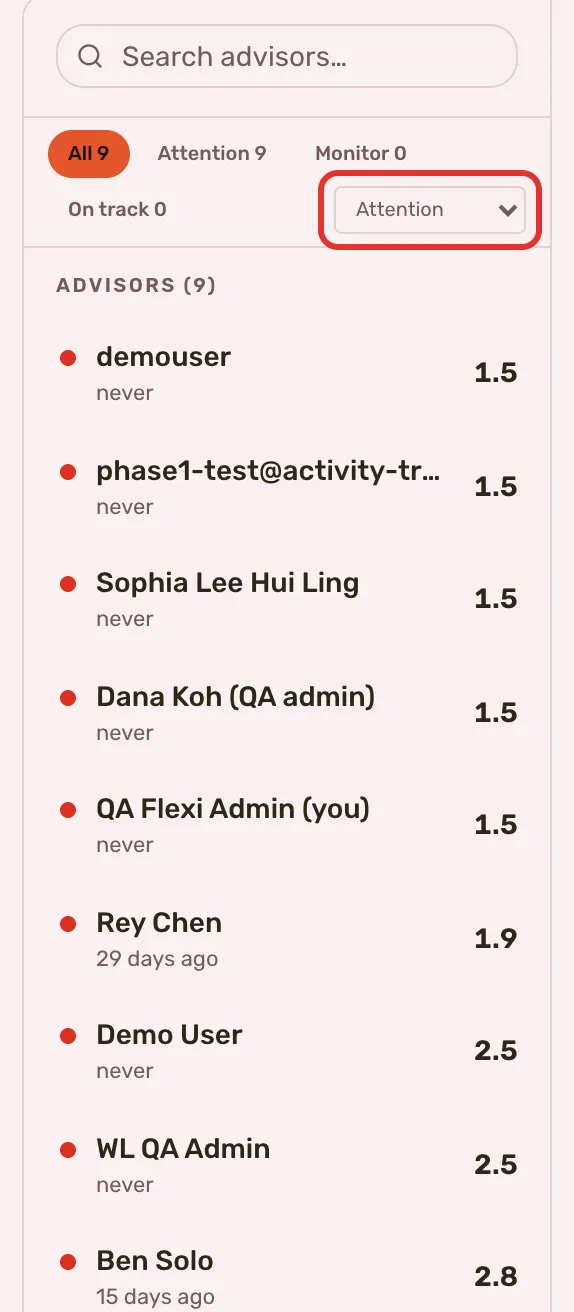 The Team CRM roster with the status filters above the advisor rows, and the sort dropdown outlined.