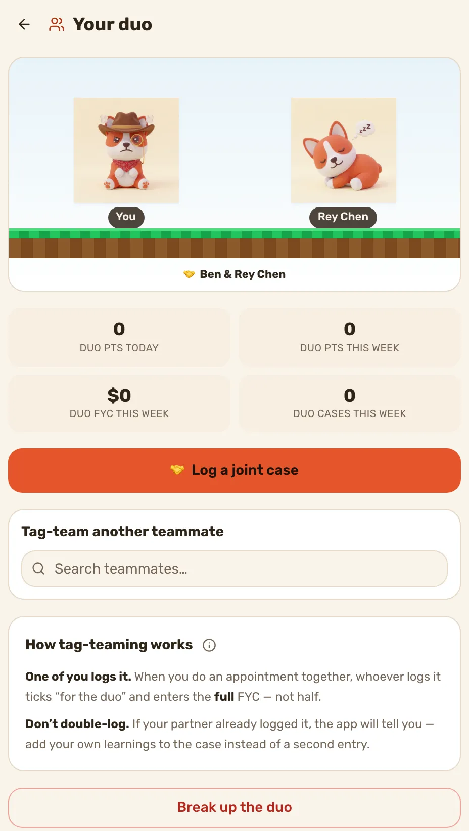Your duo: both pets on the shared platform, the duo's name under them and the four duo tiles below.