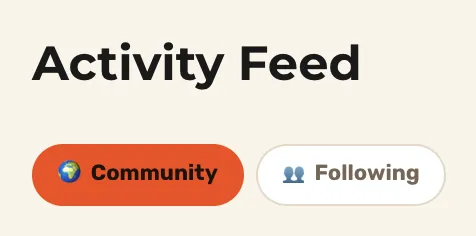 The Activity Feed heading with the Community and Following chips, Community selected. Cropped above the first post, which names a teammate.