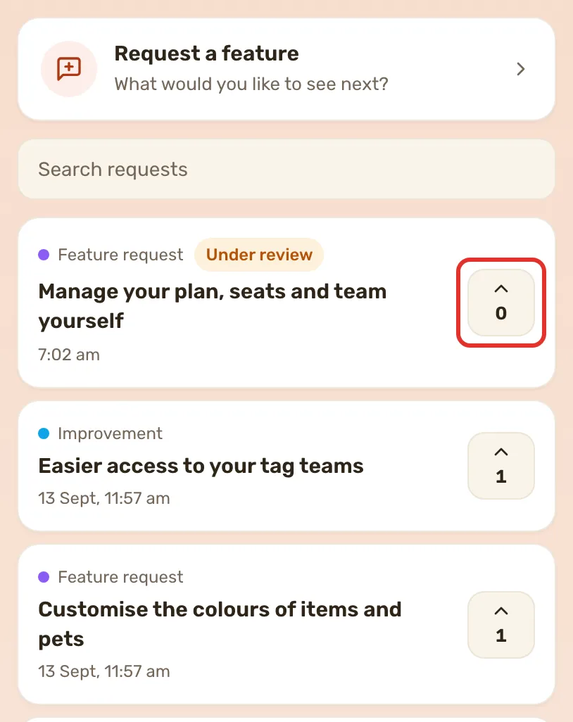 The Feedback tab, with Request a feature at the top and the requests below it, the first vote pill outlined.