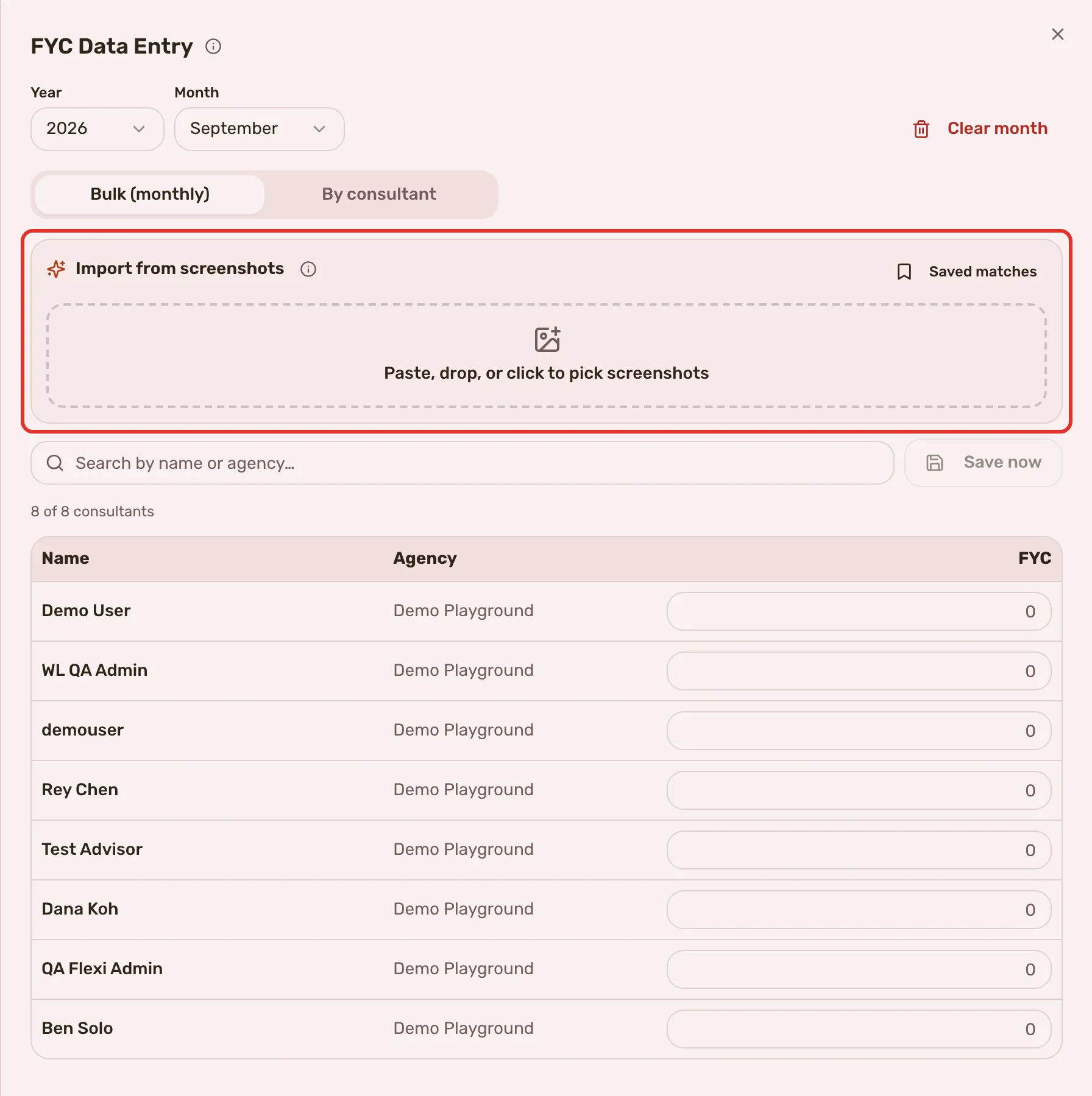FYC Data Entry: the year and month, Bulk or By consultant, the Import from screenshots card outlined, and the grid with one FYC box per consultant.
