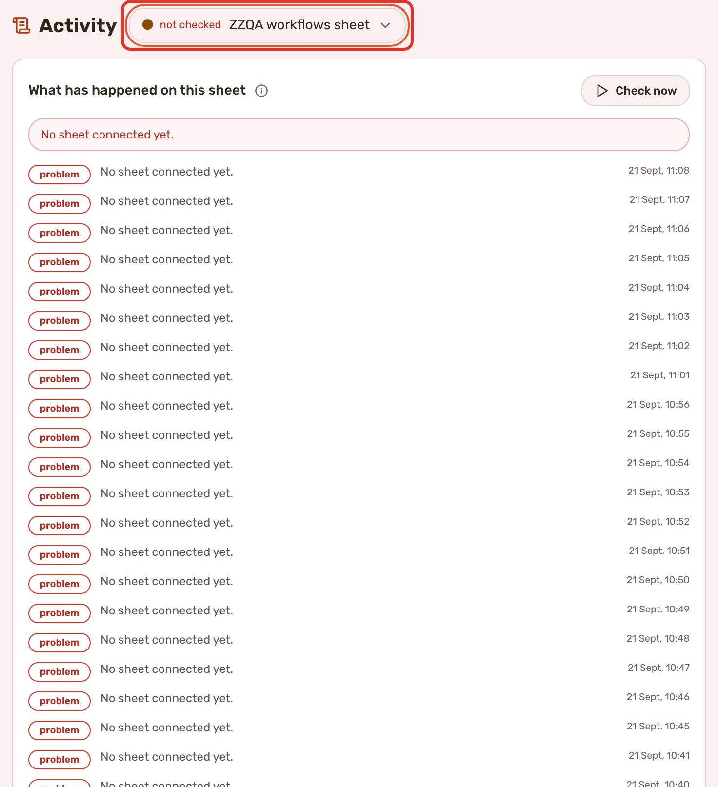 The Activity tab with the business picker outlined, Check now at the top right of What has happened on this sheet, and a column of lines tagged problem.