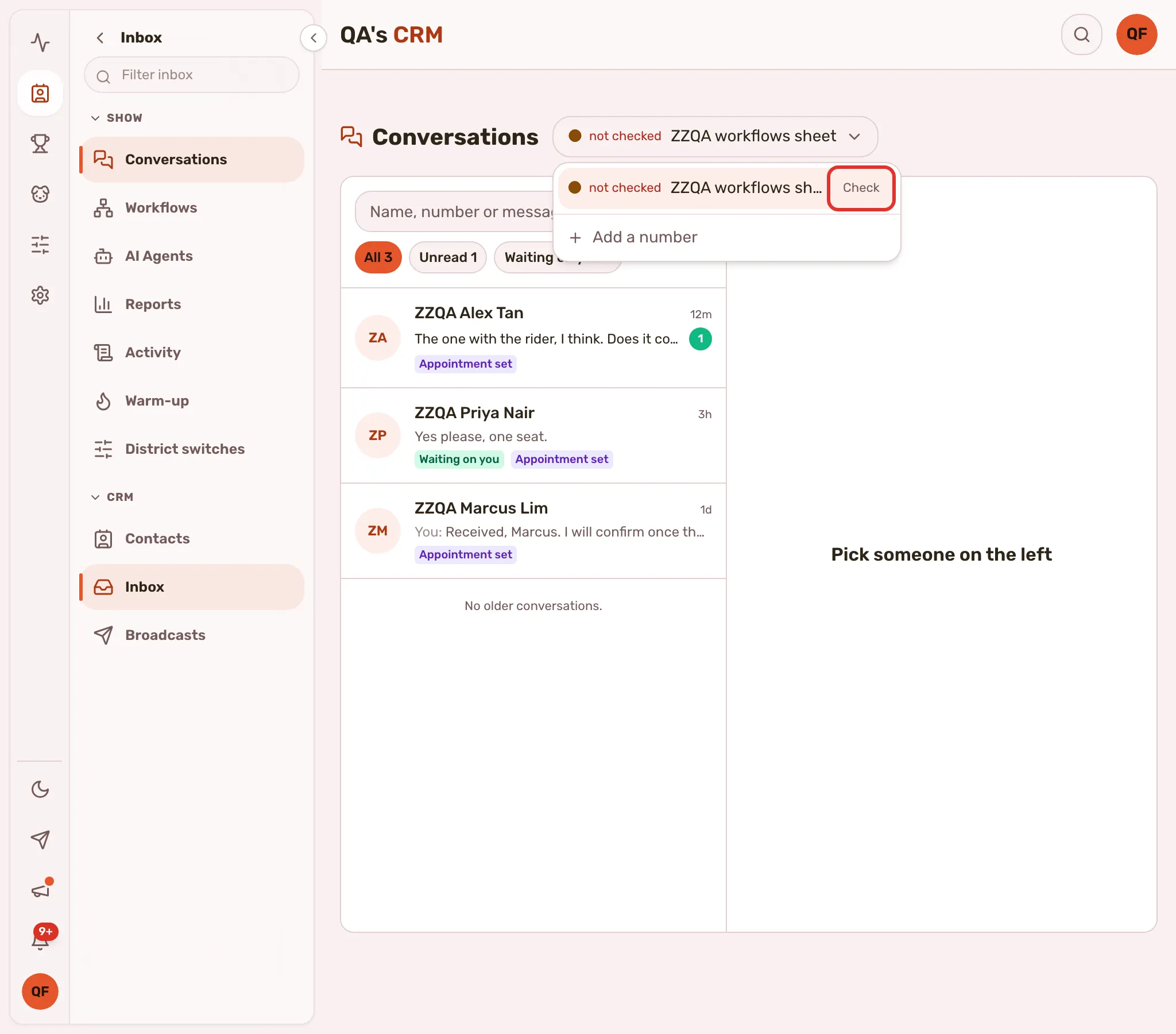 The business picker open, with Check outlined on a business row and a status dot beside each name.