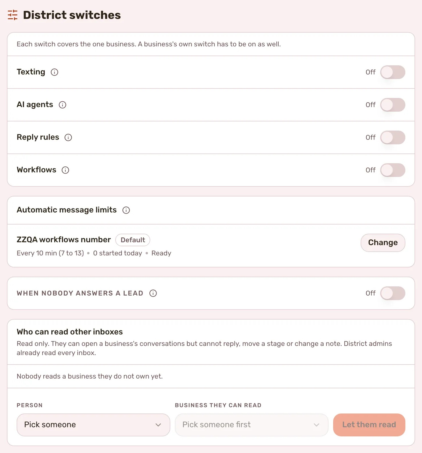 The District switches tab: the four district switches, Automatic message limits for each number, When nobody answers a lead, and Who can read other inboxes.