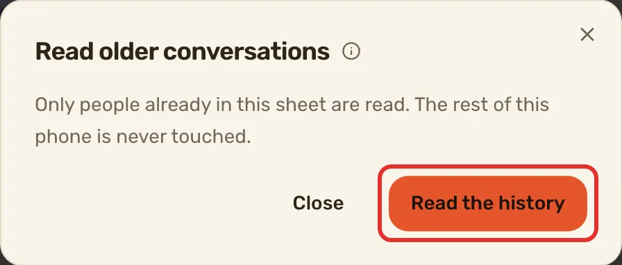 The Read older conversations window before it starts, with Read the history outlined.