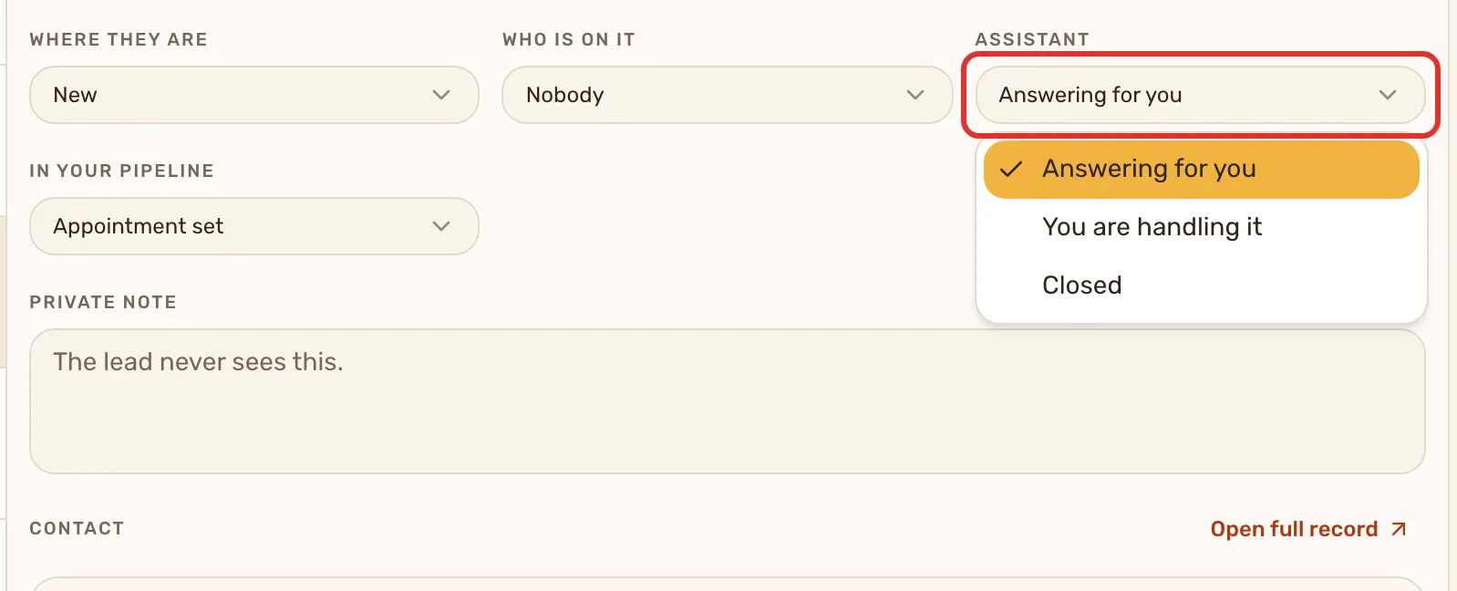 A thread's Details: Where they are, Who is on it, and the Assistant dropdown outlined and open on Answering for you, You are handling it and Closed.