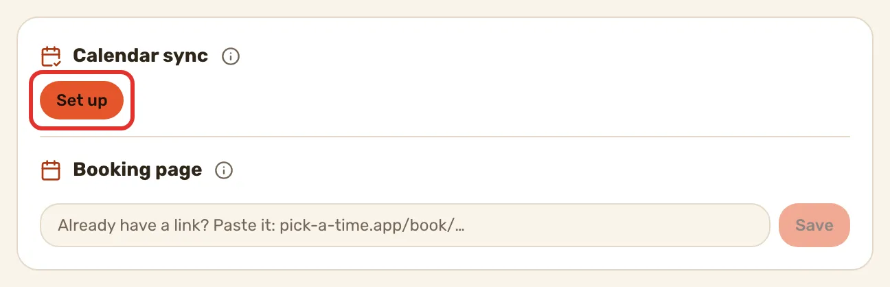 The Calendar sync card on Integrations before Pick a Time is connected, with Set up outlined, and the Booking page card under it.