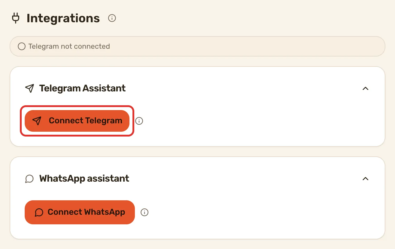 The top of the Integrations page, with Connect Telegram outlined on the Telegram Assistant card.