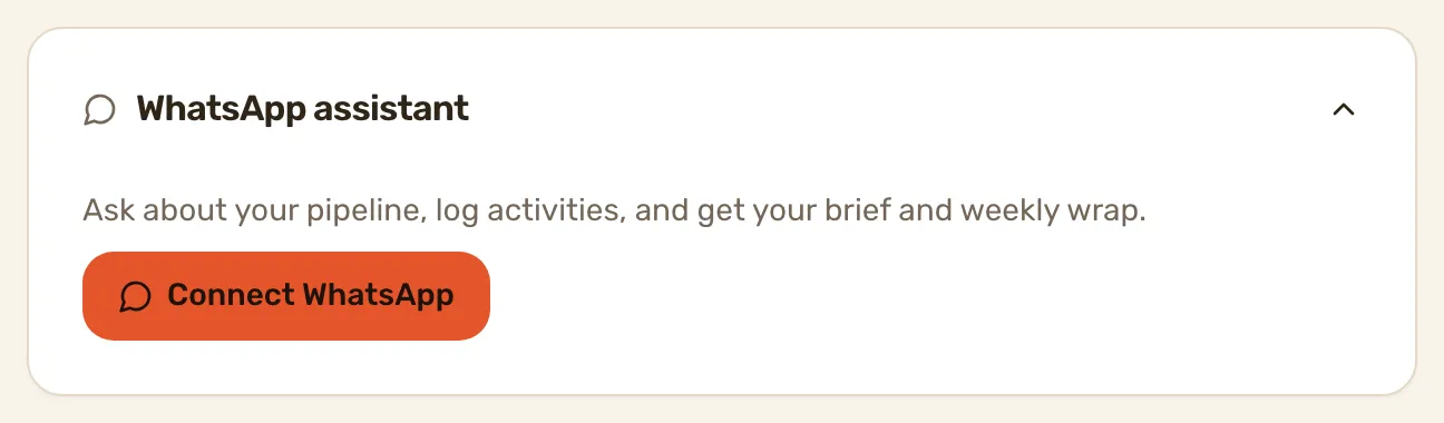 The WhatsApp assistant card on Integrations, before a number is paired.