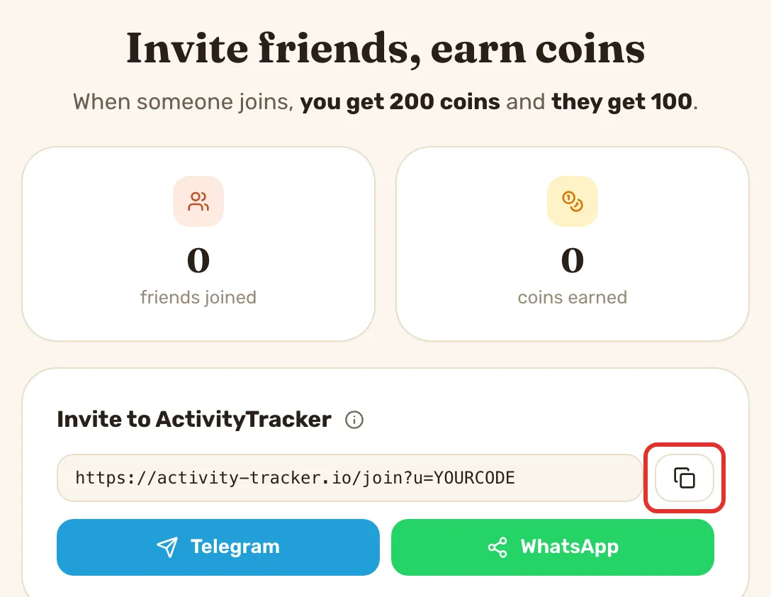 Invite friends, earn coins: the two counters, and the Invite to ActivityTracker link with its copy button outlined.