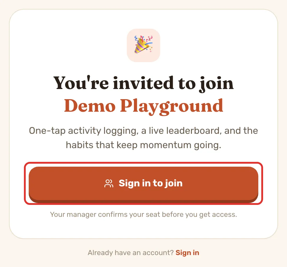 The agency invite page: the agency's name, Sign in to join outlined, and the line saying your manager confirms your seat before you get access.