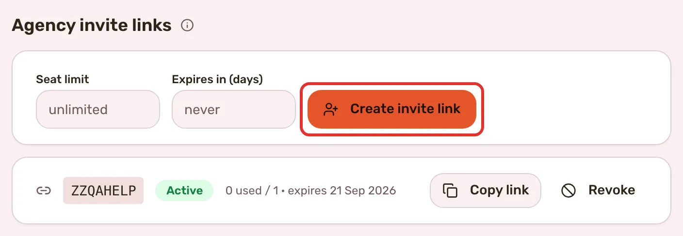 The Agency invite links card with the Seat limit and Expires in fields and Create invite link outlined, and a live link row under it with Copy link and Revoke.