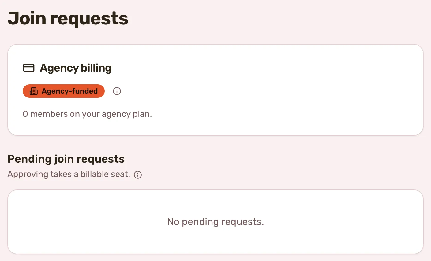 The Join Requests page with the Agency billing card above the pending queue.