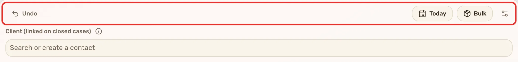 The top row of the log card, outlined as one row: Undo on the left, the date button and Bulk on the right. Three separate outlines overlapped where the date button meets Bulk.