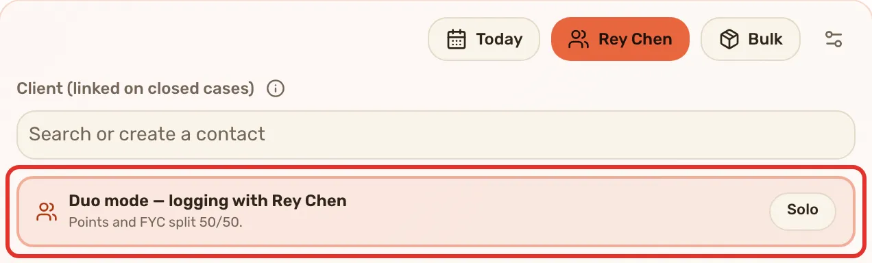 The Log page with duo mode armed: the partner button reads Rey Chen, and the banner above the grid, outlined, says who you are logging with, with Solo beside it.