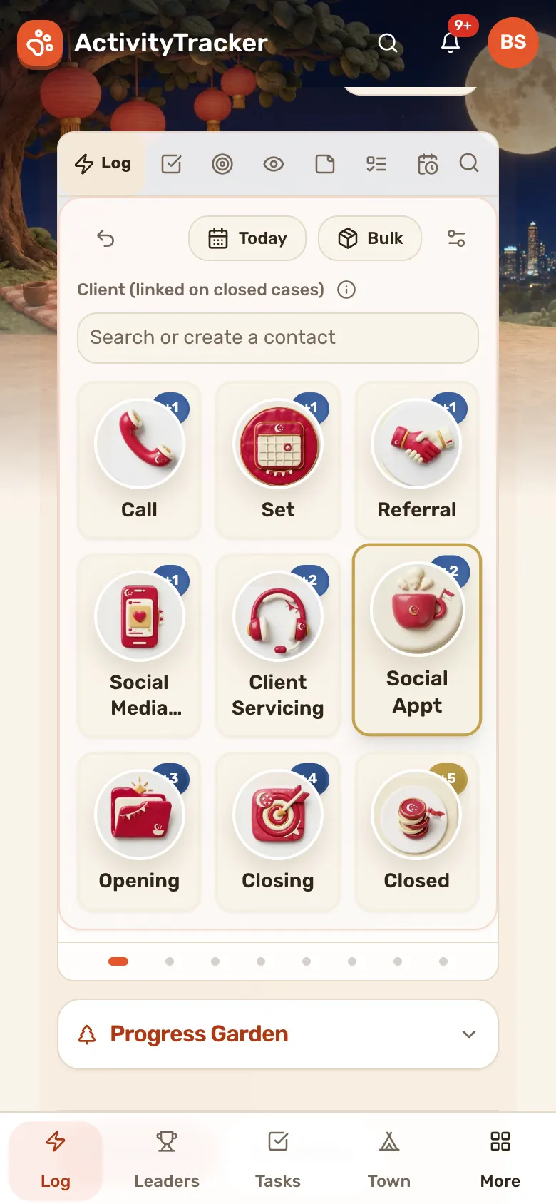 The Log page on a phone, with the activity tiles three across and the bottom bar below them.