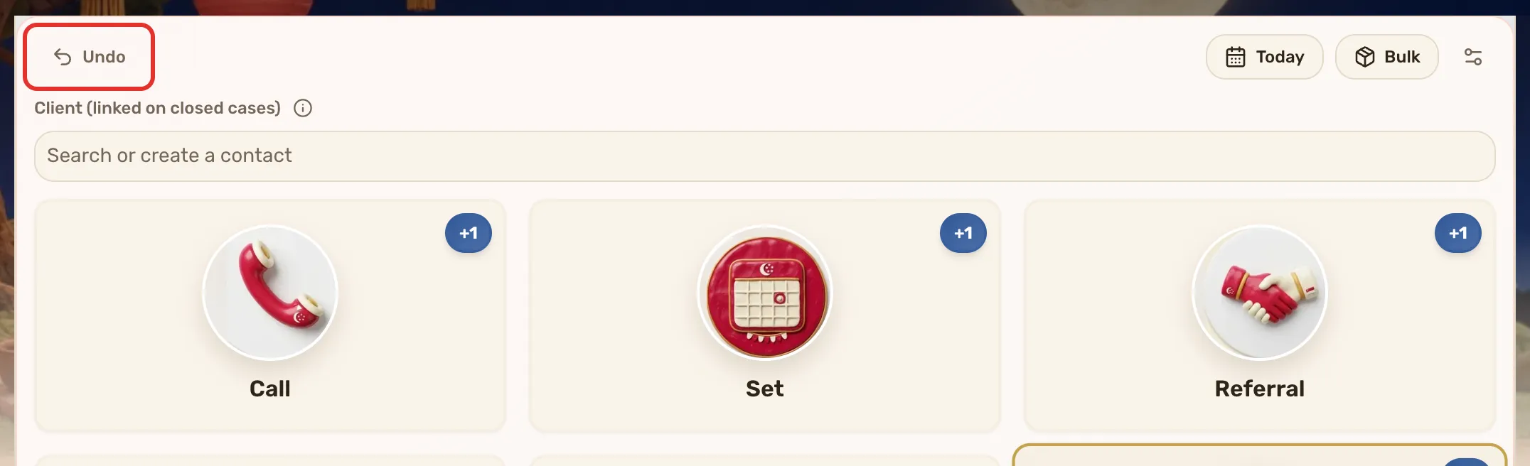 The Undo button outlined, in the row above the activity tiles.