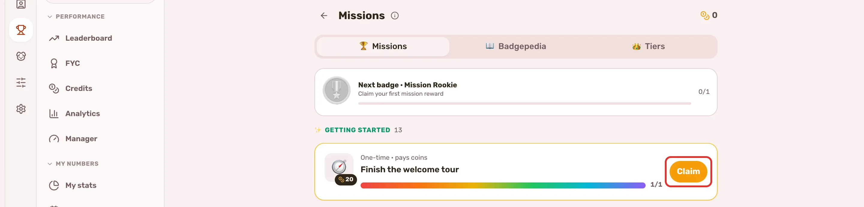 The Missions page with its three tabs, and a finished mission showing its Claim button, outlined.