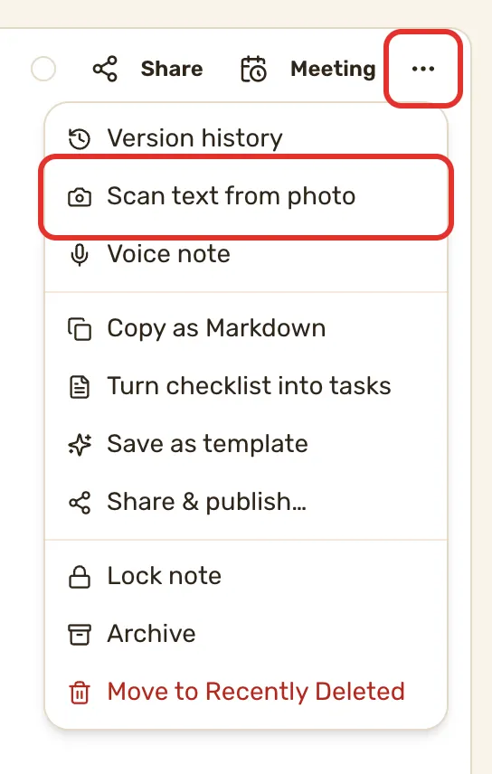 The note header with the more-actions menu open: Version history, Scan text from photo, Voice note and the rest. The menu button and Scan text from photo are outlined.