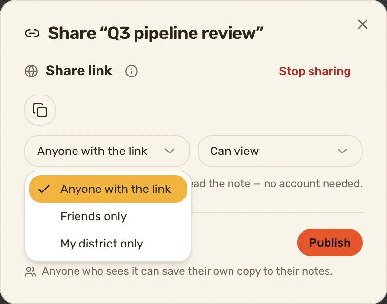 The share dialog on a QA note with Who can open the link open. The link box is hidden: it holds a live share token.